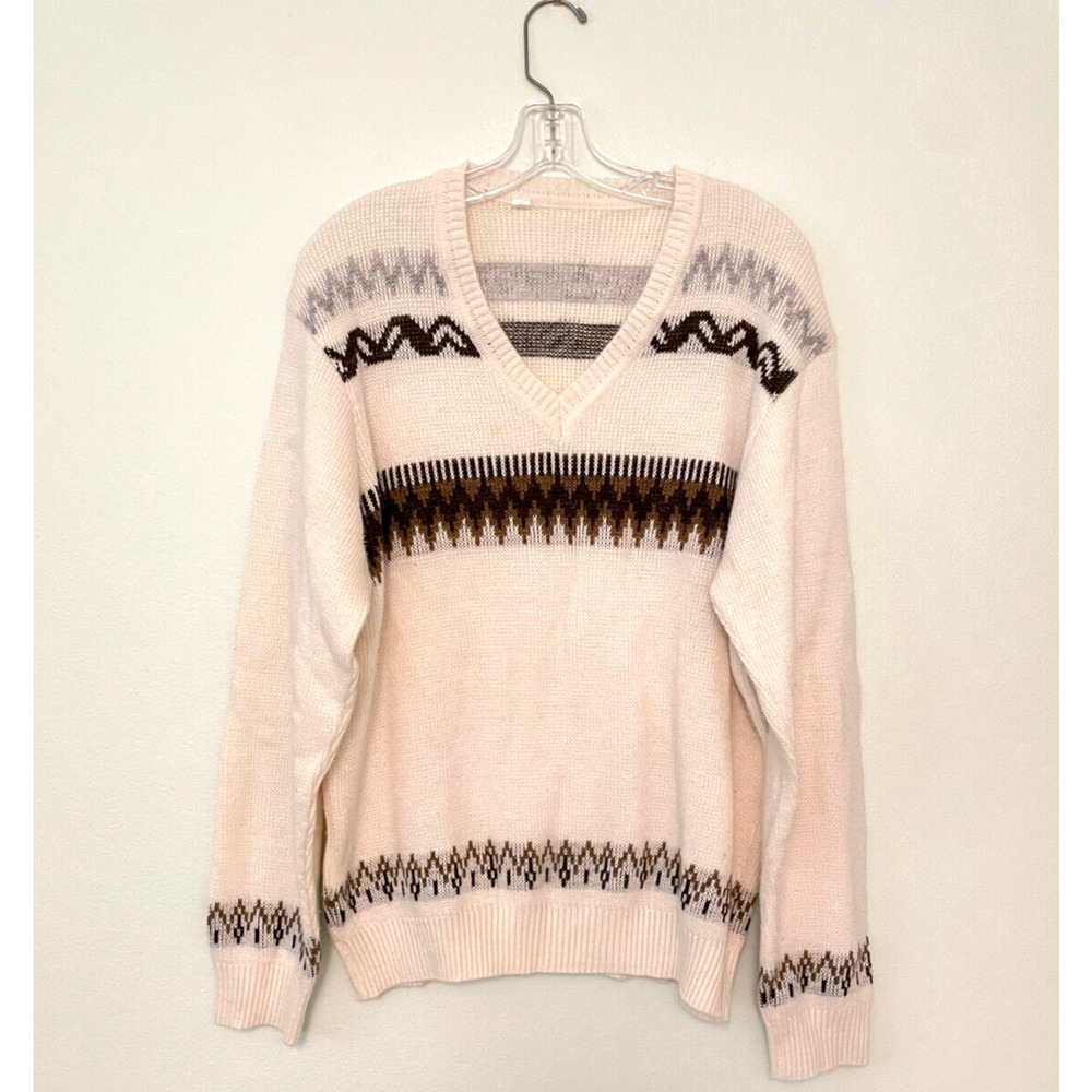 Vintage Handmade Mens Sweater Large White Brown Geometric Wool Blend Grandpa 90s